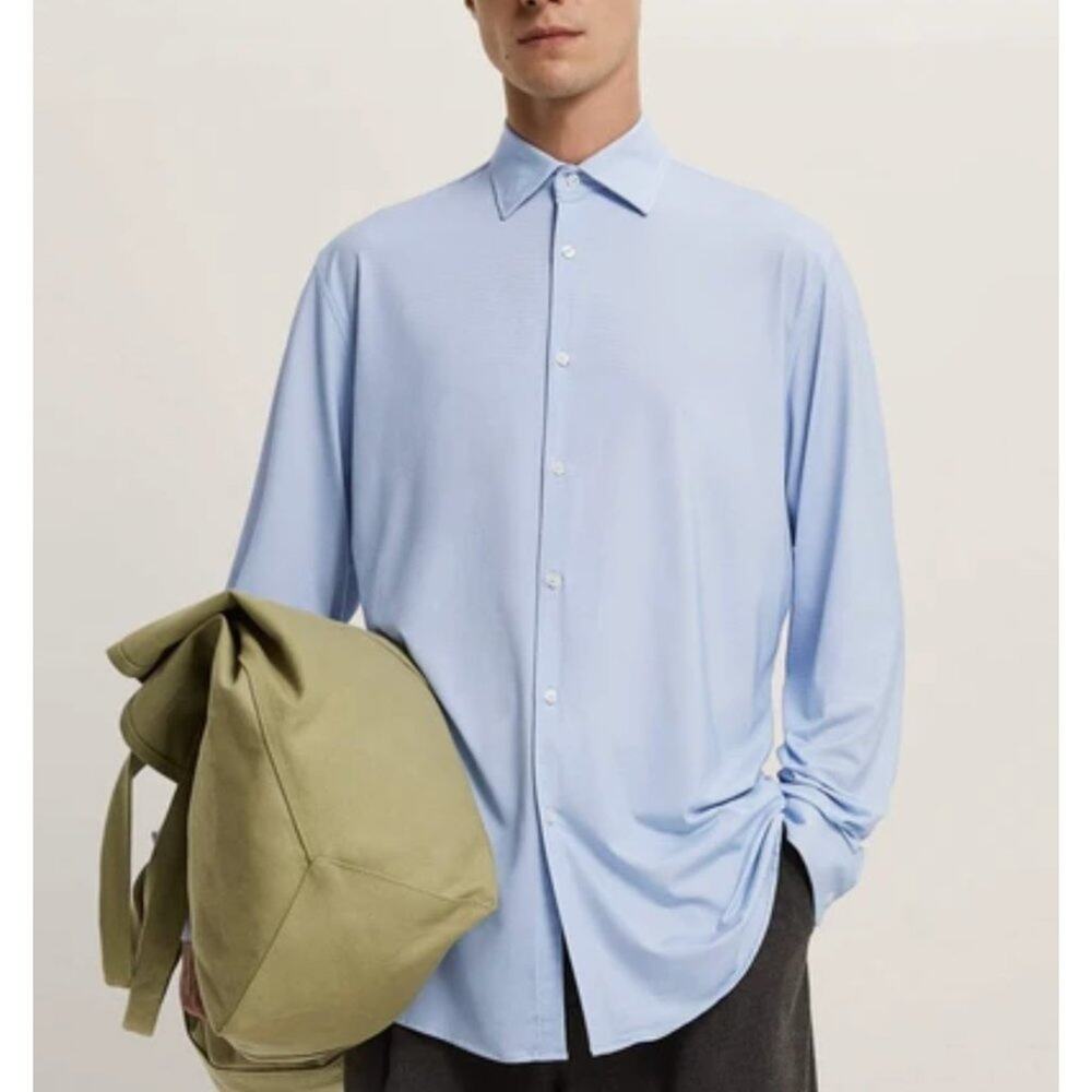 0445 NEW Zara Men’s Poplin Button-Up Shirt  Blue Relaxed Fit Long Sleeve NWT